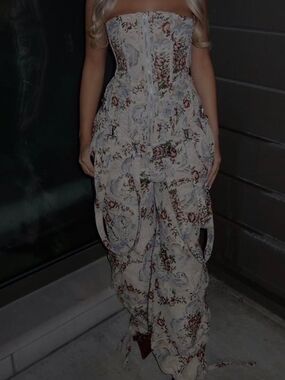 AKIRA Strapless Floral-Print Corset in Cream , Blue & Brown And Matching Pants